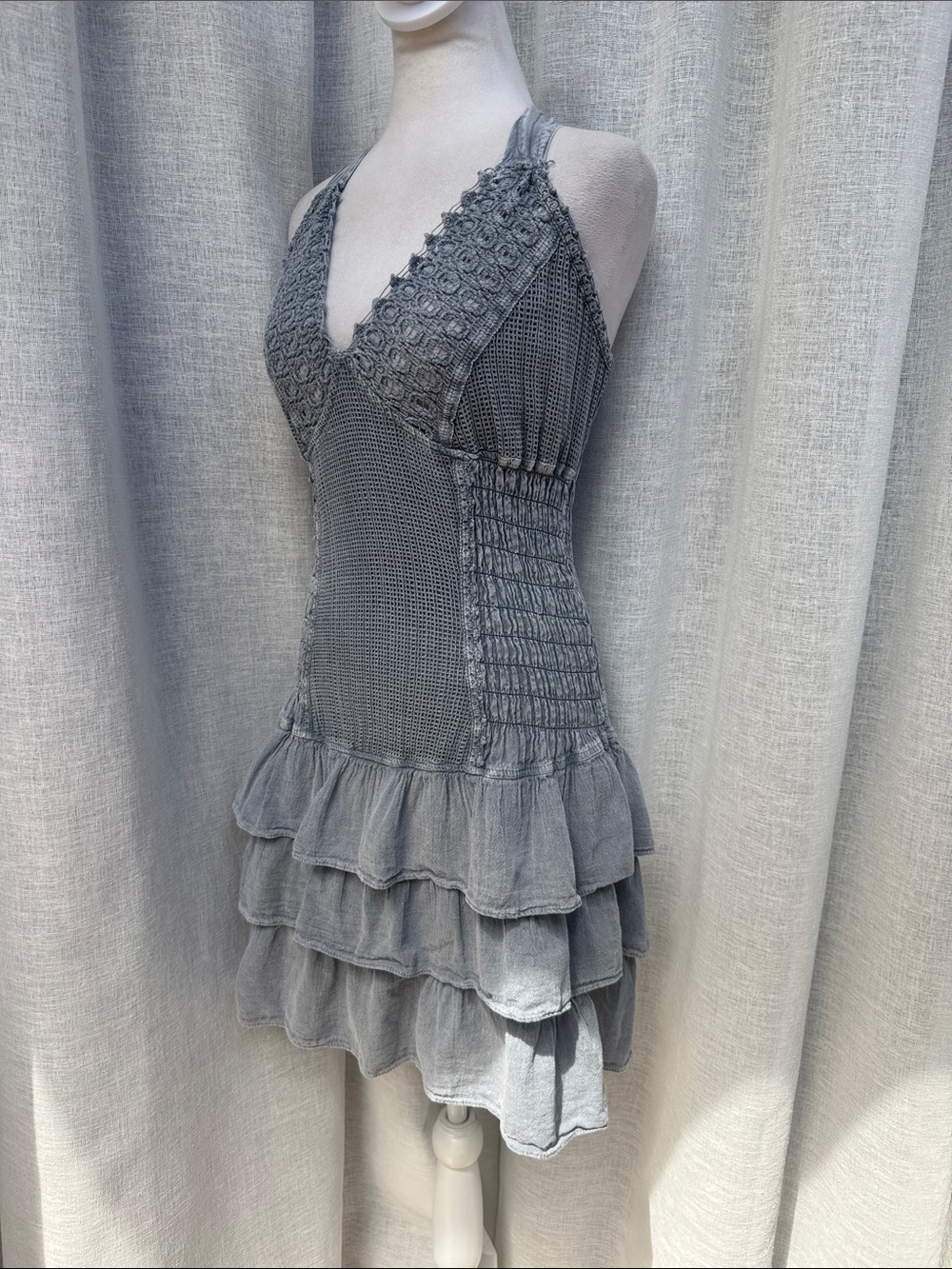 Blanco by Nature boho fairy grunge greyish-blue denim-look halter tiered dress